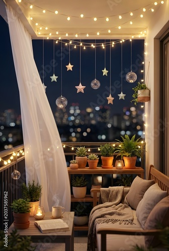 Cozy Night Balcony with String Lights and Relaxing Urban Atmosphere