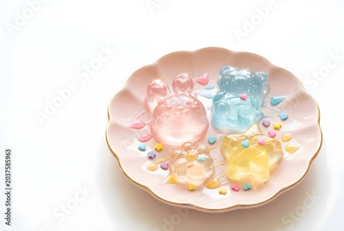 Pastel Jelly Animal Desserts on Pink Plate with Colorful Sprinkles