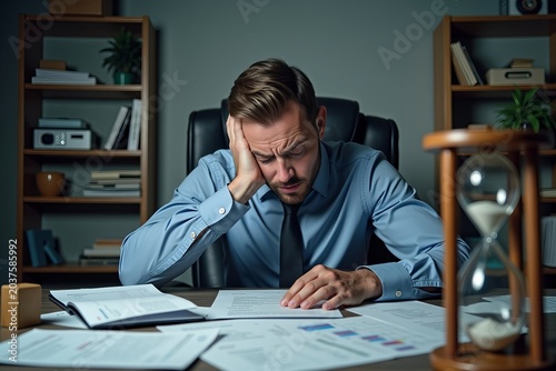 A dramatic image of a frazzled accountant facing a mountain of invoices and an ominous hourglass, representing the stress of an impending billing deadline.