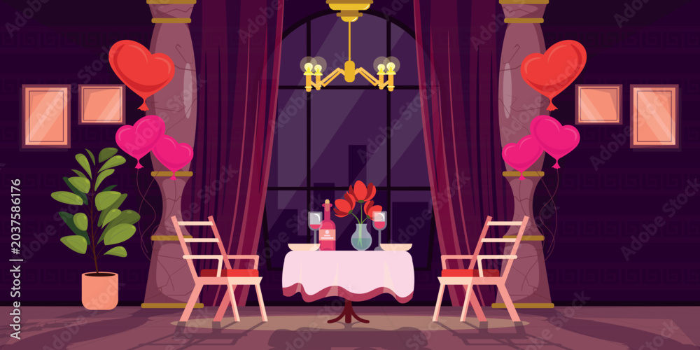 Fototapeta premium Vector illustration of a romantic date. Cartoon scene of an elegant evening room, a table with a bottle of wine, glasses, a vase of flowers, chairs, a chandelier, heart balloons. Valentine's Day.