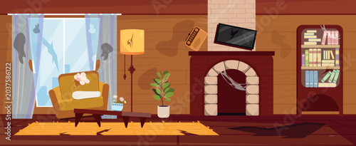Vector illustration of damaged living room interior. Cartoon scene of abandoned living room with fireplace, TV, radio, floor lamp, wardrobe, armchairs, small table, flower pots in cobwebs, cracks.