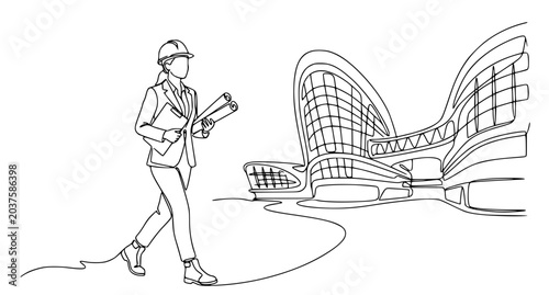Elegant Continuous Line Drawing of Female Civil Engineer and Urban Real Estate