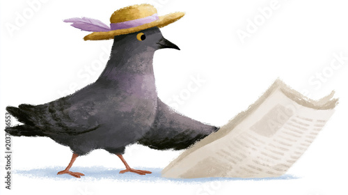Pigeon wearing straw hat with newspaper on ground