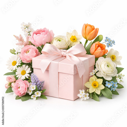 Pink Gift Box with Spring Flowers