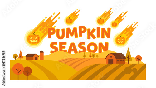 Fotografie Pumpkin Season Sky Show: A whimsical depiction of Pumpkin Season with flaming pumpkins descending from the sky over a charming autumn landscape featuring farms and rolling hills