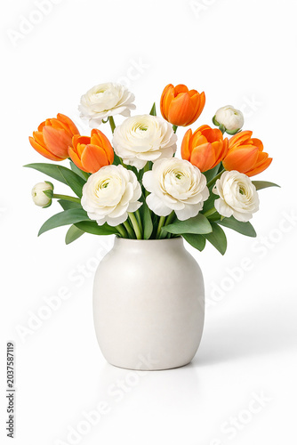 Orange Tulips and White Ranunculus in Vase