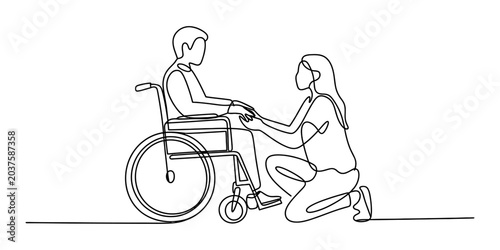 Canvastavla Continuous line drawing of a caring woman kneeling and holding hands with a man