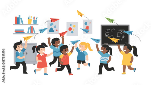 Fotografie Classroom Chaos: A vibrant scene of diverse children gleefully launching paper airplanes in a lively classroom, embodying the spirit of playful learning and imaginative fun