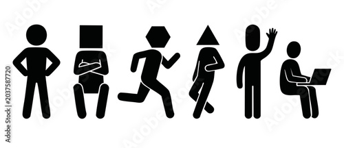 Obraz na płótnie Stick figure pictograms geometric heads standing running sitting working waving