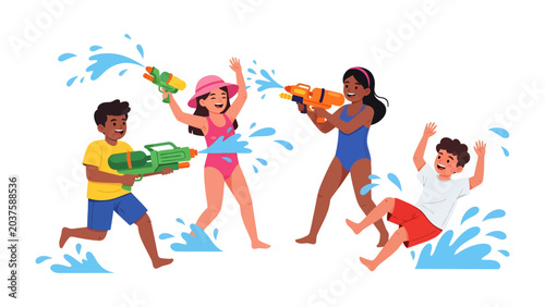 Fotografía Summer Fun Water Fight: Four energetic children joyfully engage in a lively water gun fight, splashing water and laughing as they enjoy a sunny summer day