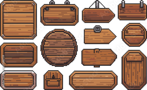 Φωτογραφία Professional set of rustic pixel art wooden signs and UI elements with warm lighting for navigating vintage game menus