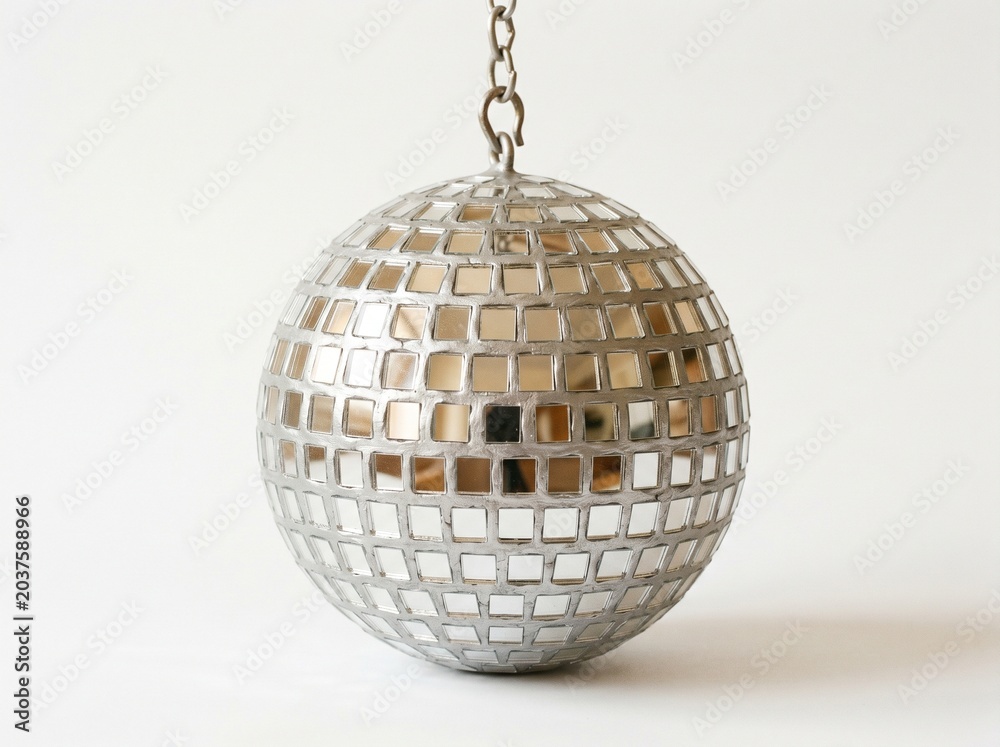 Obraz premium A shiny silver disco ball covered in small square mirrors hangs suspended by a chain against a plain white background.