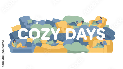 Bild auf Leinwand COZY DAYS Illustration: A vibrant illustration depicts a scene of ultimate relaxation and comfort, with various people lounging on plush sofas and armchairs, engrossed in their books