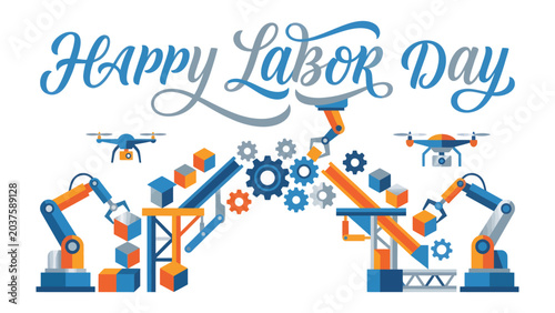 Obraz na plátně Happy Labor Day: Robotic arms and drones construct an industrial marvel, symbolizing progress and innovation on this Labor Day, celebrating the spirit of hard work and advancement