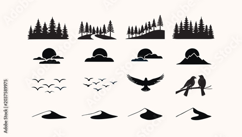Tableau sur toile Tree silhouettes collection forest and park trees set nature landscape elements