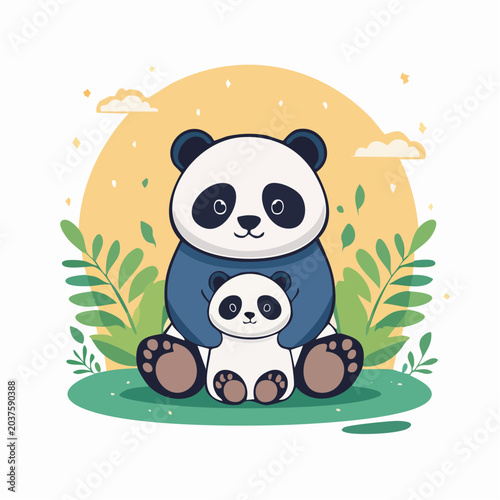 Cute Cartoon Pandas Mother and Baby
