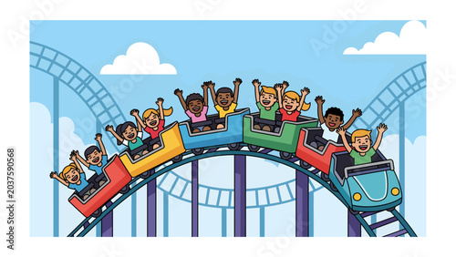 Tableau sur toile Roller Coaster Thrill Ride: A vibrant illustration depicts a group of happy children enjoying an exhilarating roller coaster ride