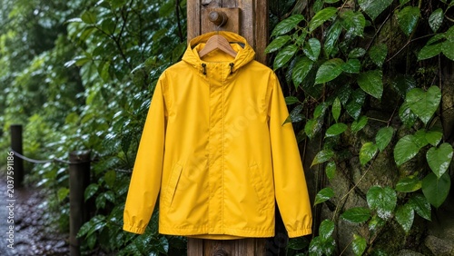 Yellow Rain Jacket Hanging Outdoors on Leafy Wall