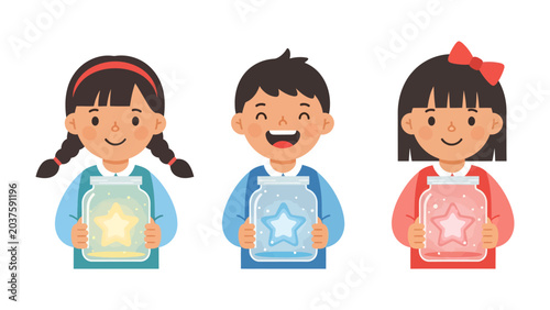 Fotografía Magical Stars in Jars: Three cheerful children, two girls and one boy, hold up glass jars containing glowing stars, symbolizing dreams, wishes, and imagination