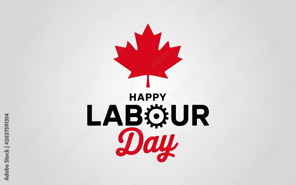 Fototapeta premium Happy labour day with red canadian maple leaf and gear