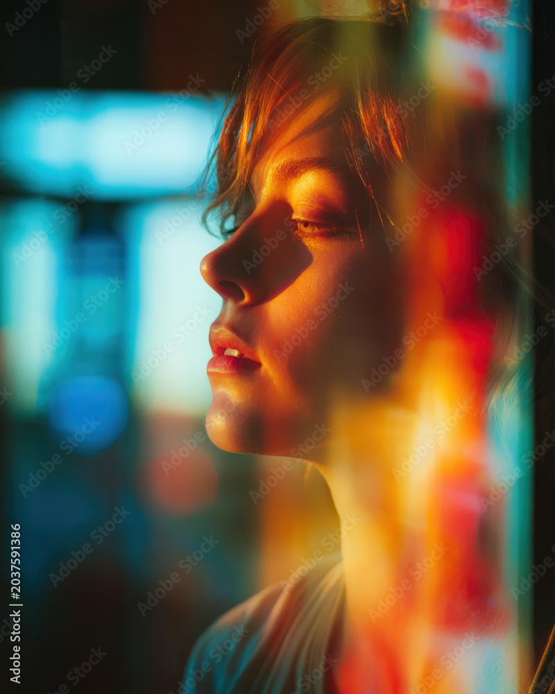 Fototapeta premium Soft light glows through a window, capturing a woman's profile