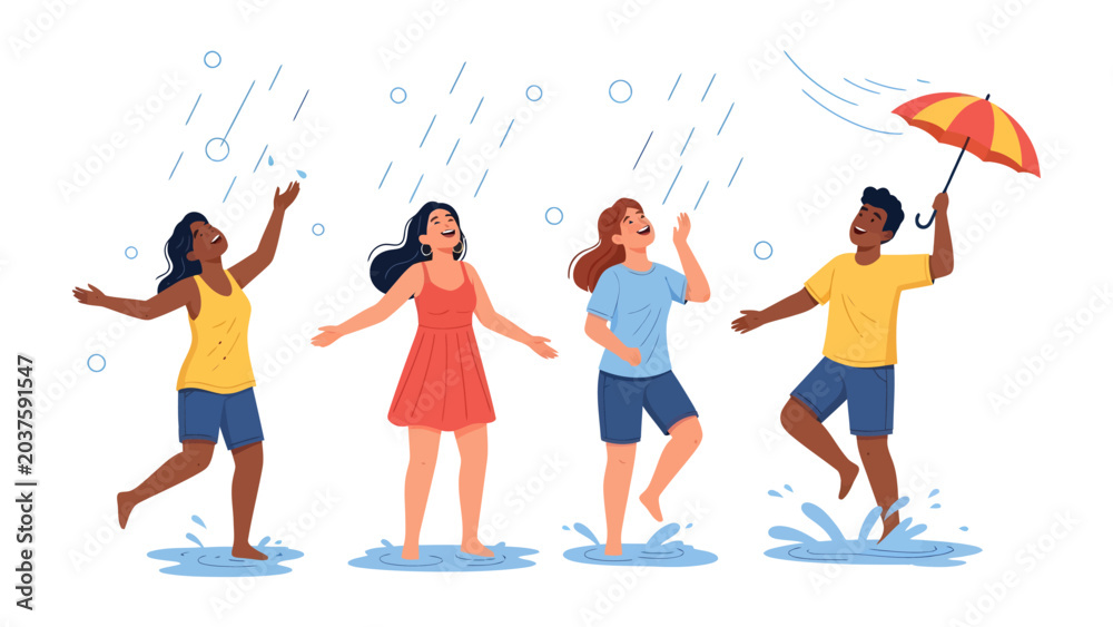 Obraz premium Joyful Rain Dance: A group of friends embraces the downpour with open arms and joyful hearts, splashing in puddles and dancing under a vibrant umbrella.