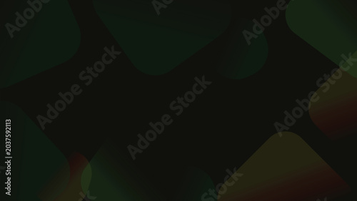 Black background with overlapping translucent geometric shapes in green and red gradients creating abstract layered depth composition