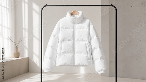 White Puffer Jacket Hanging in Modern Minimal Room