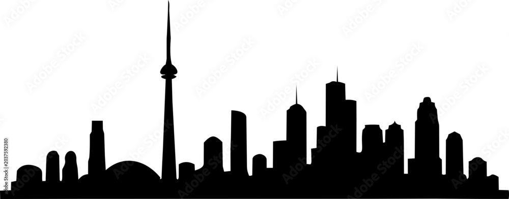 Naklejka premium Toronto skyline silhouette depicts the tall communication tower and modern urban buildings isolated on a plain background for digital layout design.