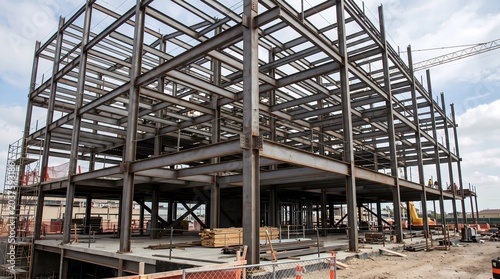 A large steel frame structure is being constructed, showcasing the early stages of a modern building project and the raw components of industrial development