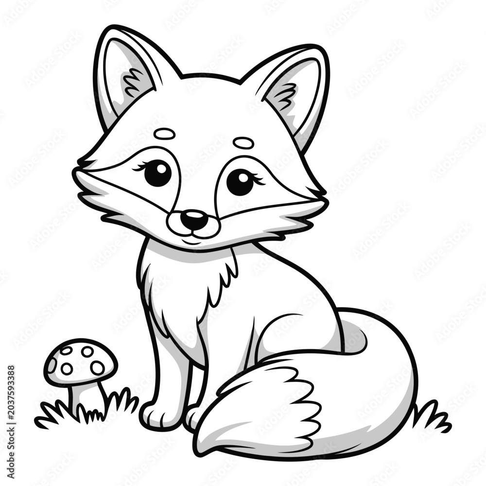 Fototapeta premium Cute Little Fox Sitting by a Mushroom, Bold and Easy Coloring Page for Kids