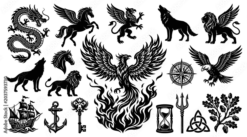 Obraz premium Mythology and Heraldry Vector Set: Detailed Black and White Line Art of Creatures, Animals, and Ancient Symbols