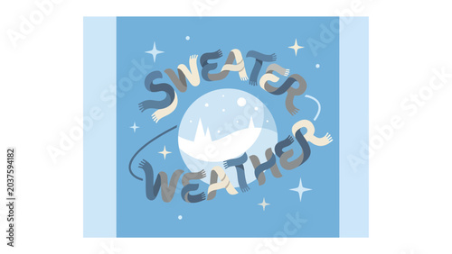 Photos Sweater Weather Illustration: A charming illustration depicts the words Sweater Weather in a whimsical, ribbon-like font, surrounding a stylized, icy moon with starry accents, evoking a cozy