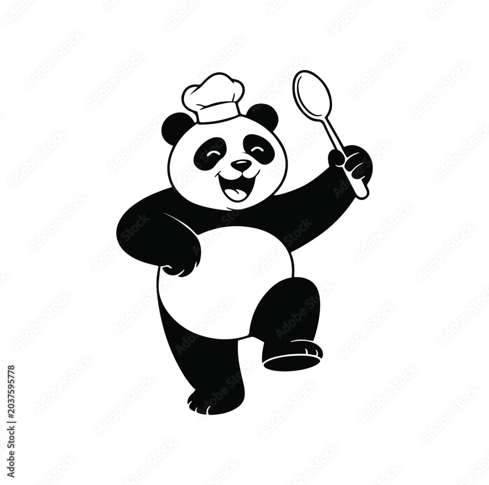 Naklejka premium A cheerful panda bear wearing a chef hat holding a spoon