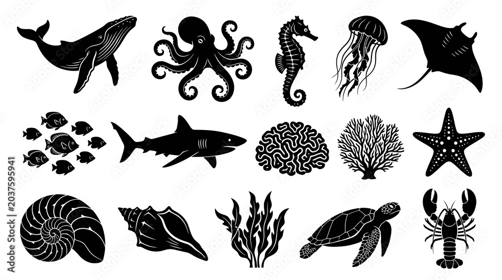 Obraz premium Black and White Vector Icons of Ocean Sea Life Animals Underwater Marine Wildlife