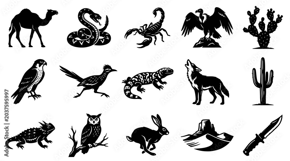 Fototapeta premium Black and White Desert Animals Vector Icons Collection
