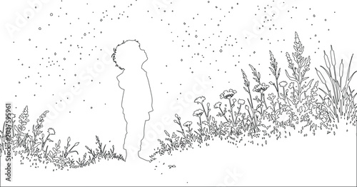Vászonkép Child looking up at the sky, a whimsical line art illustration of a young person