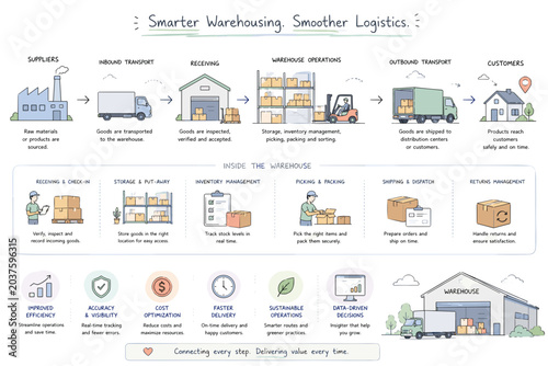 Smart Warehousing and Logistics Infographic with Supply Chain Flow, Storage Systems and Delivery Network Illustration