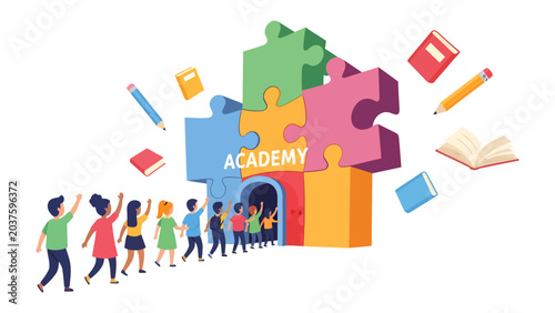 Tableau sur toile A Journey to Knowledge: Children line up to enter an academy shaped like colorful puzzle pieces, symbolizing learning and discovery