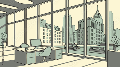 Office space with a view of city buildings during daytime in a modern environment Generative AI