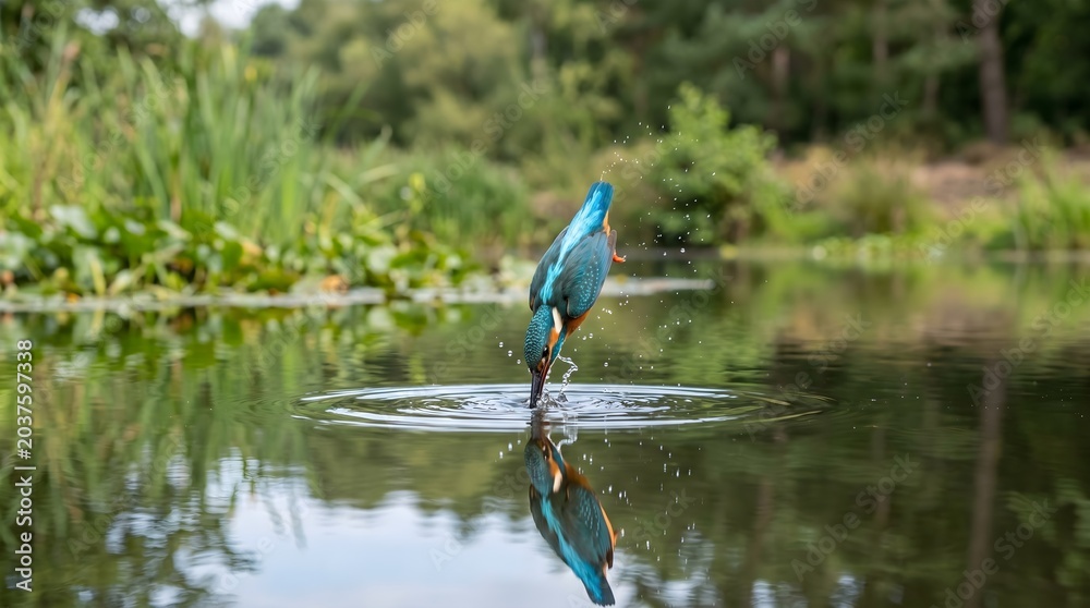 Obraz premium A bright blue kingfisher bird frozen mid-dive, just touching the surface of a perfectly still pond.