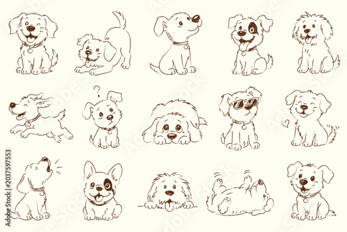 Fényképezés same character different pose  chalk or charcoal style dogs drawing
