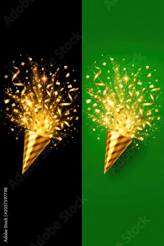 ice cream cone with golden fireworks on black and green background
