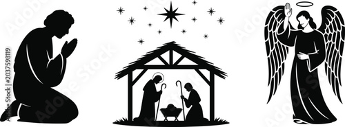 Foto Black silhouette icons set of praying person, Christmas nativity scene, and ange