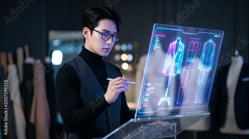 Asian fashion designer working on futuristic digital interface