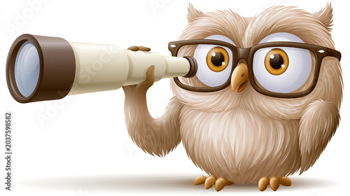 Owl wearing glasses looking through binoculars