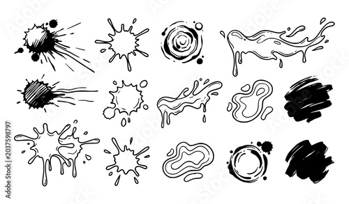 Foto Hand drawn ink splashes, liquid splatters, and paint drops doodle vector set