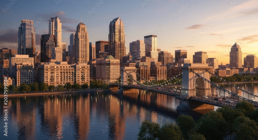 Fototapeta premium Cityscape at sunset modern skyscrapers and bridge reflecting in water