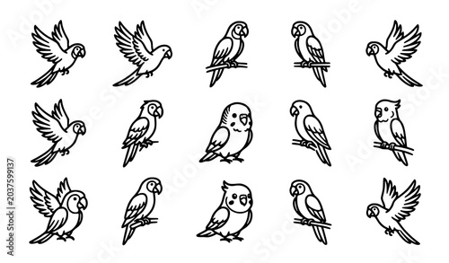 Bild auf Leinwand Collection of small birds sitting and flying doodle line art set