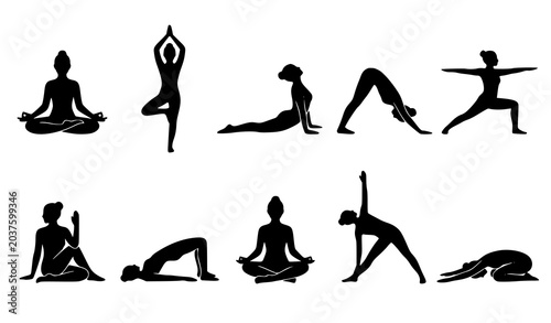 Foto Collection of Yoga Poses and Meditation Silhouettes Vector Illustration